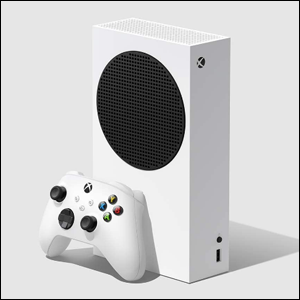 Console-Xbox-Series-S A imagem mostra o console do Xbox Series S, uma torre de formato retangular, na cor branca, com um círculo preto na parte superior e, ao seu lado, o controle, também na cor brancas com os botões em preto.