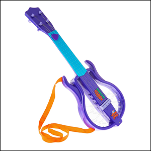 A imagem mostra uma guitarra de brinquedo, com o corpo vazado, na cor roxa, com teclas na cor vermelha e o cabo das cordas em azul. Há ainda um tirante na cor laranja para ser colocado ao redor do corpo.