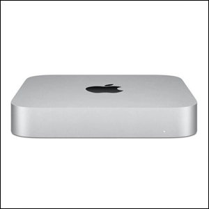 Mac-mini-Apple-M1-8GB A imagem mostra um Mac mini, um pequeno aparelho de forma quadrada, na cor cinza, com o logo da Apple em preto na parte de cima.