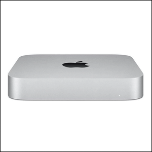 A imagem mostra um Mac mini, um pequeno aparelho de forma quadrada, na cor cinza, com o logo da Apple em preto na parte de cima.