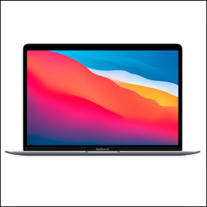 MacBook-Air-Chip-M1-8GB A imagem mostra um notebook aberto, mostrando sua tela com um plano de fundo colorido, nas cores roxo, rosa, laranja e azul.