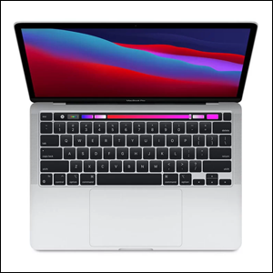 MacBook-Pro-Apple-M1-8GB A imagem mostra um notebook aberto, visto de cima, mostrando sua tela, que mostra um plano de fundo colorido, nas cores rosa, azul, vermelho e azul marinho, além de seu teclado, na cor preta.