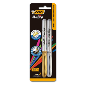 A imagem mostra a embalagem de duas canetas permanentes, nas cores cinzas e com as tampas nas cores dourado e prata.