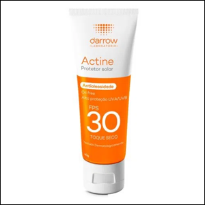 Protetor-Solar-Actine-FPS-30-Darrow A imagem mostra a embalagem do protetor solar, em formato de bisnaga, com a tampa branca. A parte superior é branca, com escritos em laranja e, a parte de baixo, é laranja com escritos em branco.