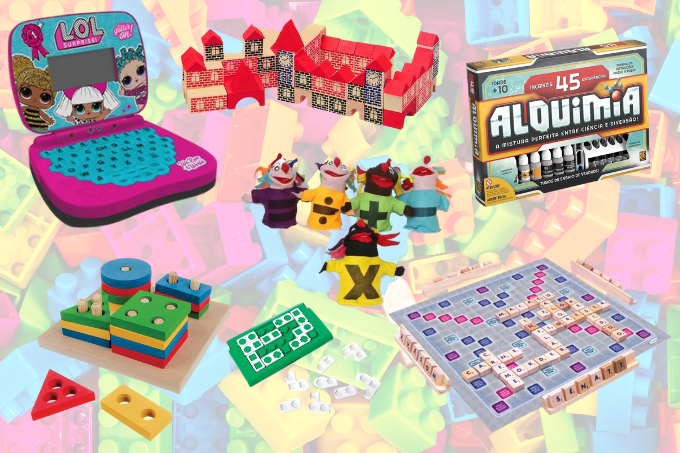 A imagem mostra alguns brinquedos, como um laptop rosa, blocos de montar, fantoches e jogos de tabuleiro, dispostos sobre um fundo colorido.
