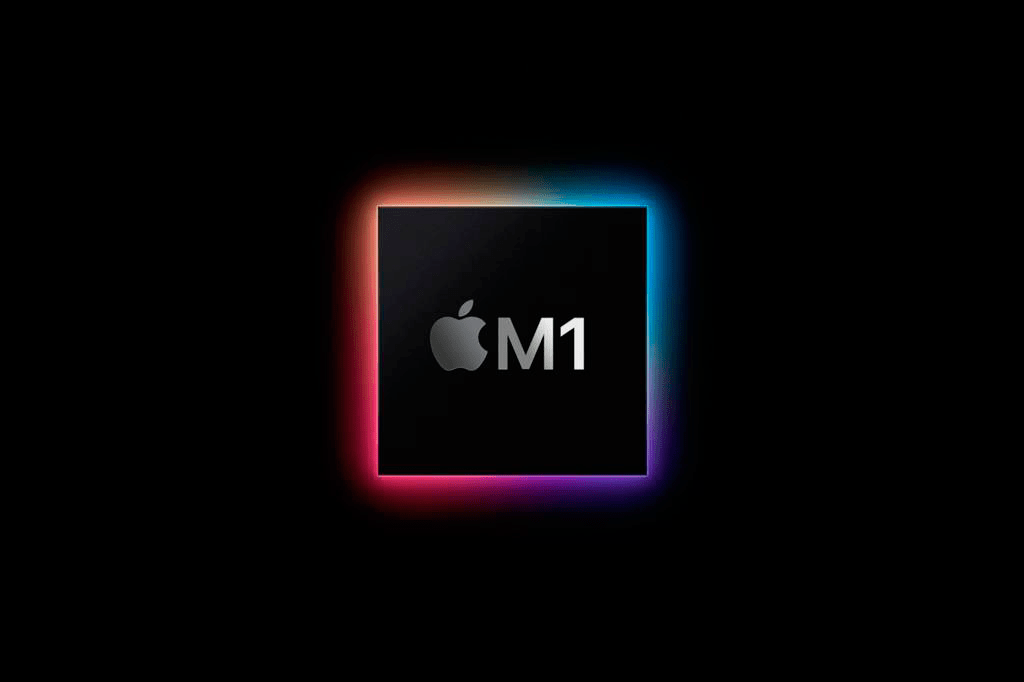 A imagem possui um fundo todo preto com um pequeno quadrado com as bordas coloridas, a maçã do logo da Apple ao lado de um M1 dentro do quadrado, na cor cinza.