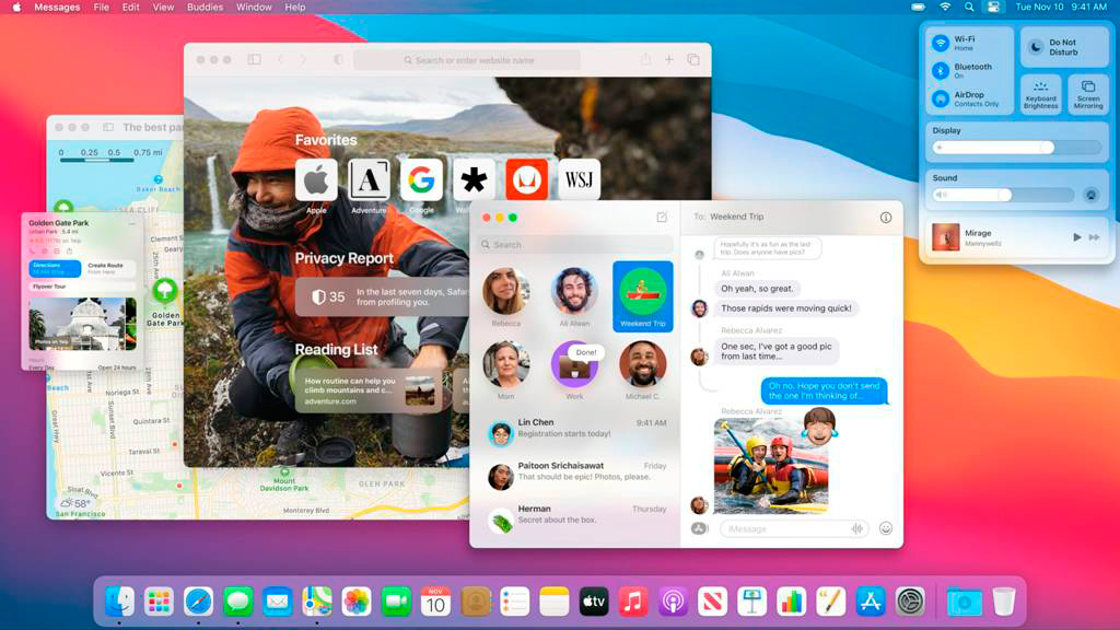 macOS A imagem simula uma tela de um computador da Apple, com um fundo de tela colorido e a barra de ferramentas na parte inferior. Várias telas estão semi abertas na página inicial do computador, mostrando, por exemplo, uma aba de mapa, outra de um navegador de internet e outra de um programa de chat.