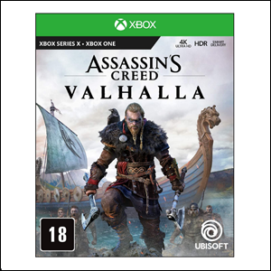 A imagem mostra a capa do jogo, com o personagem principal, um viking, com roupas vikings e cabelo loiro comprido, em frente a um barco viking. Na parte superior, há o nome do jogo em letras pretas.