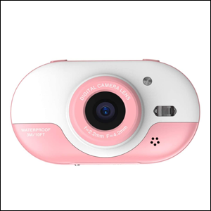 A imagem mostra uma câmera fotográfica retangular com as pontas arredondadas, com a metade superior na cor branca e a inferior na cor rosa. Ao centro, há uma lente redonda, envolva por uma moldura de mesmo formato na cor rosa.