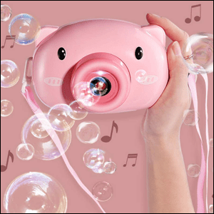 Máquina de bolhas em formato de câmera de porquinho na cor rosa.
