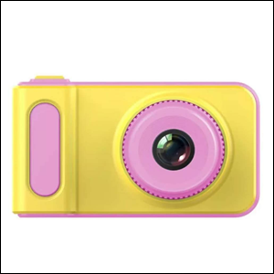 A imagem mostra uma câmera fotográfica retangular na cor amarela, com a lente redonda no centro, envolta por uma moldura na cor rosa.