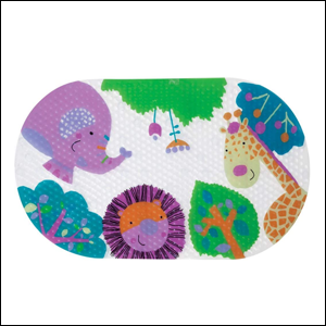 Tapete-para-Banho-Selvinha-Buba A imagem mostra um tapete comprido e arredondado, com o fundo branco e uma estampa com um elefante, um girafa, um leão e algumas árvores na borda, nas cores roxo, verde, azul, laranja e creme.