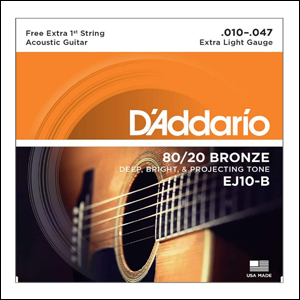Encordoamento-Para-Violão-Aço-.010-.047 Encordoamento Para Violão Aço .010-.047 Com Corda Extra PL010 D'Addario.