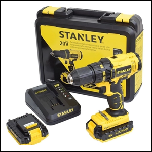Parafusadeira e furadeira de impacto Stanley com maleta e carregador, nas cores amarelo e preto.