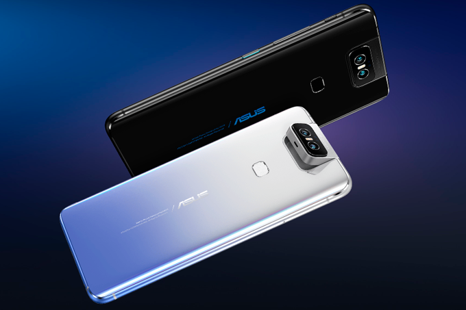 A imagem mostra dois celulares Zenfone 6, um preto e um prata, sobre um fundo azul escuro.