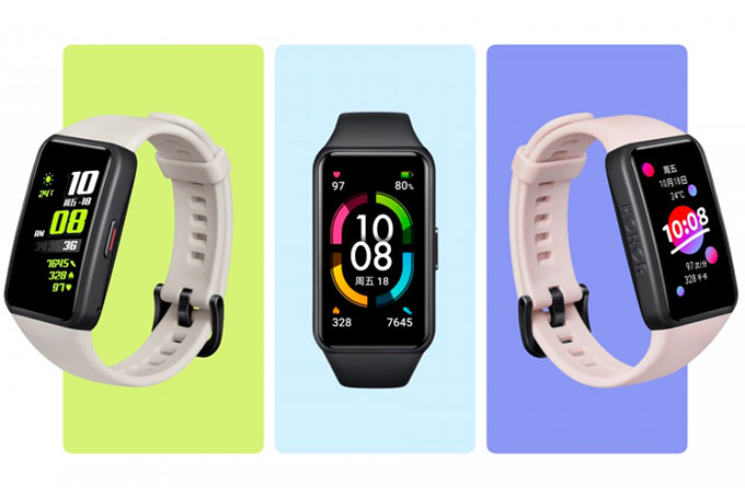 A imagem mostra 3 modelos da smartband Honor Band 6, nas cores cinza, preto e rosa, cada um sobre um fundo de cor diferente.