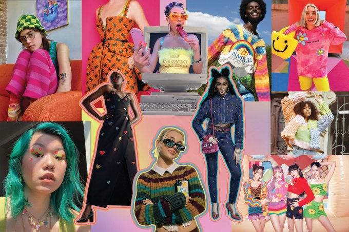 Colagem de diversas pessoas usando roupas estilo kidcore num fundo colorido.
