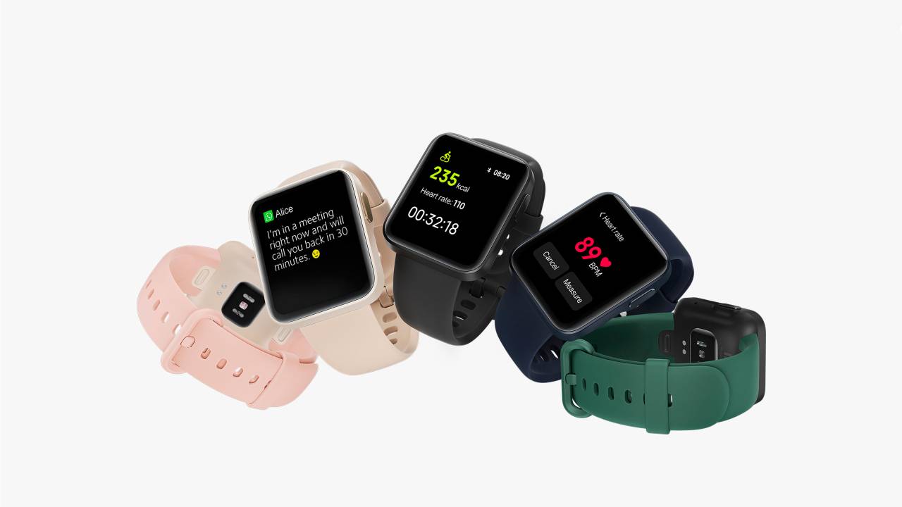 A imagem mostra 5 smartwatches Mi Watch Lite num fundo branco.