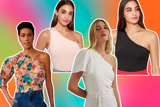 A imagem mostra 4 modelos com blusas de um ombro só num fundo colorido.