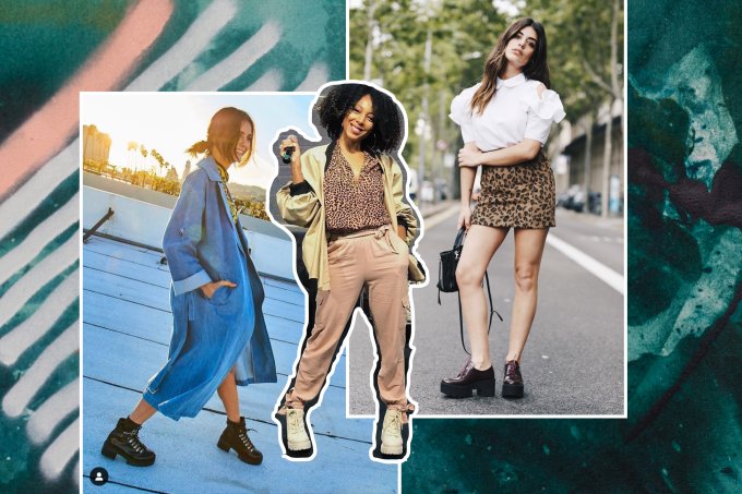 Montagem de três modelos usando sapatos de salto tratorado sobre um fundo azul.