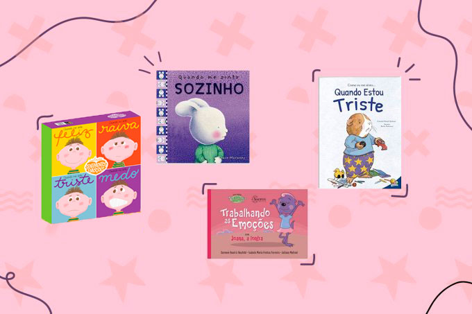 A imagem mostra quatro livros dispostos sobre um fundo rosa claro.