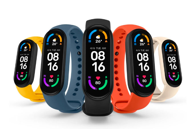 Xiaomi Mi Band 6 cinco bands em fundo branco