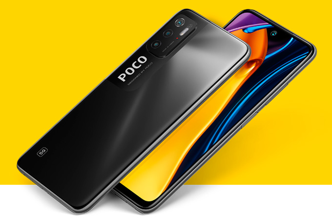 destaque-poco-m3-2 A imagem mostra o smartphone Poco M3 5G de frente e de costas, num fundo amarelo.