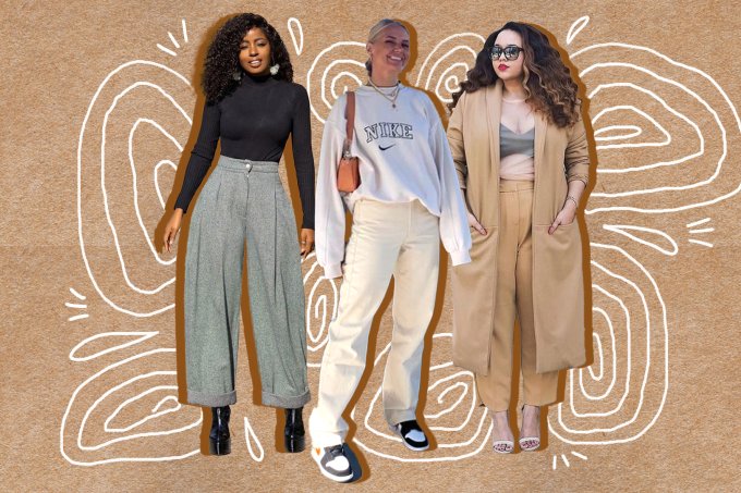 A imagem mostra 3 mulheres usando calças wide leg em estilos diferentes sobre um fundo bege com desenhos brancos.