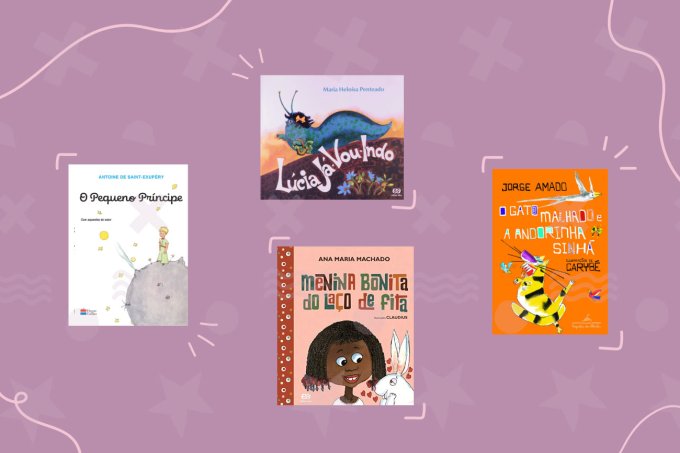 A imagem mostra 4 livros infantis em fundo roxo