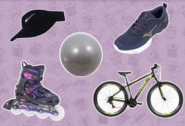 Imagem de viseira, bola, tênis, patins e bicicleta sobre fundo roxo