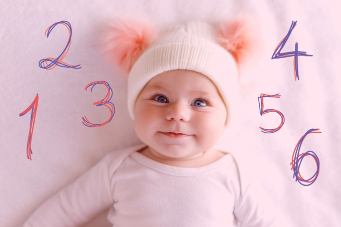 Bebê sorrindo com roupa e gorro cor-de-rosa sobre fundo cor-de-rosa com números
