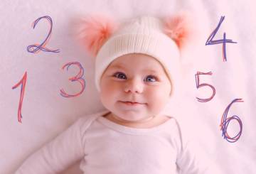 Bebê sorrindo com roupa e gorro cor-de-rosa sobre fundo cor-de-rosa com números