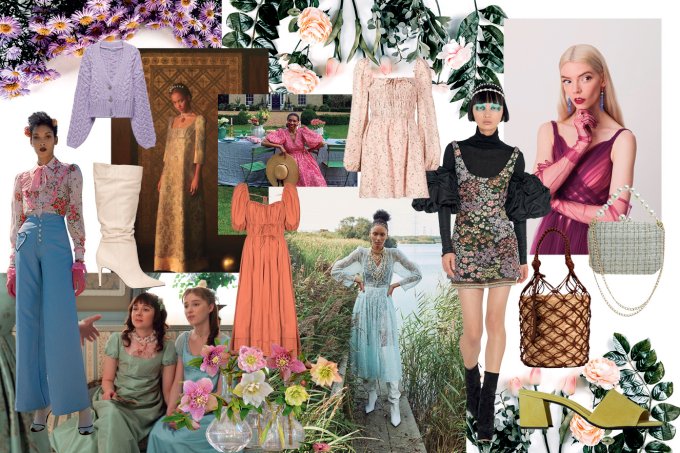 Colagem de fotos de diversas mulheres usando vestidos cottagecore