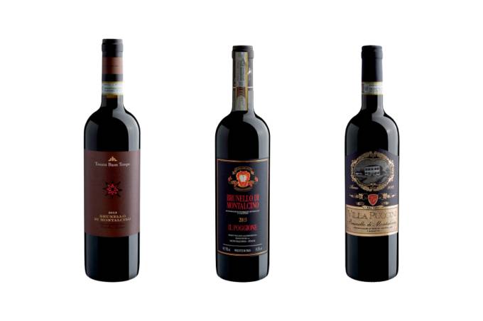 Três garrafas de vinho tinto Brunello di Montalcino
